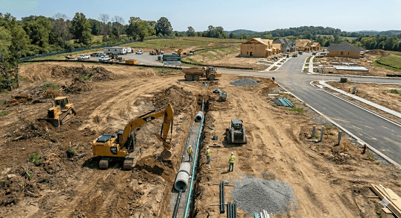 Aerial view of residential site development with new roads and home construction